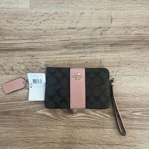 NWT Coach Pink and Brown Corner Zip Signature Wristlet